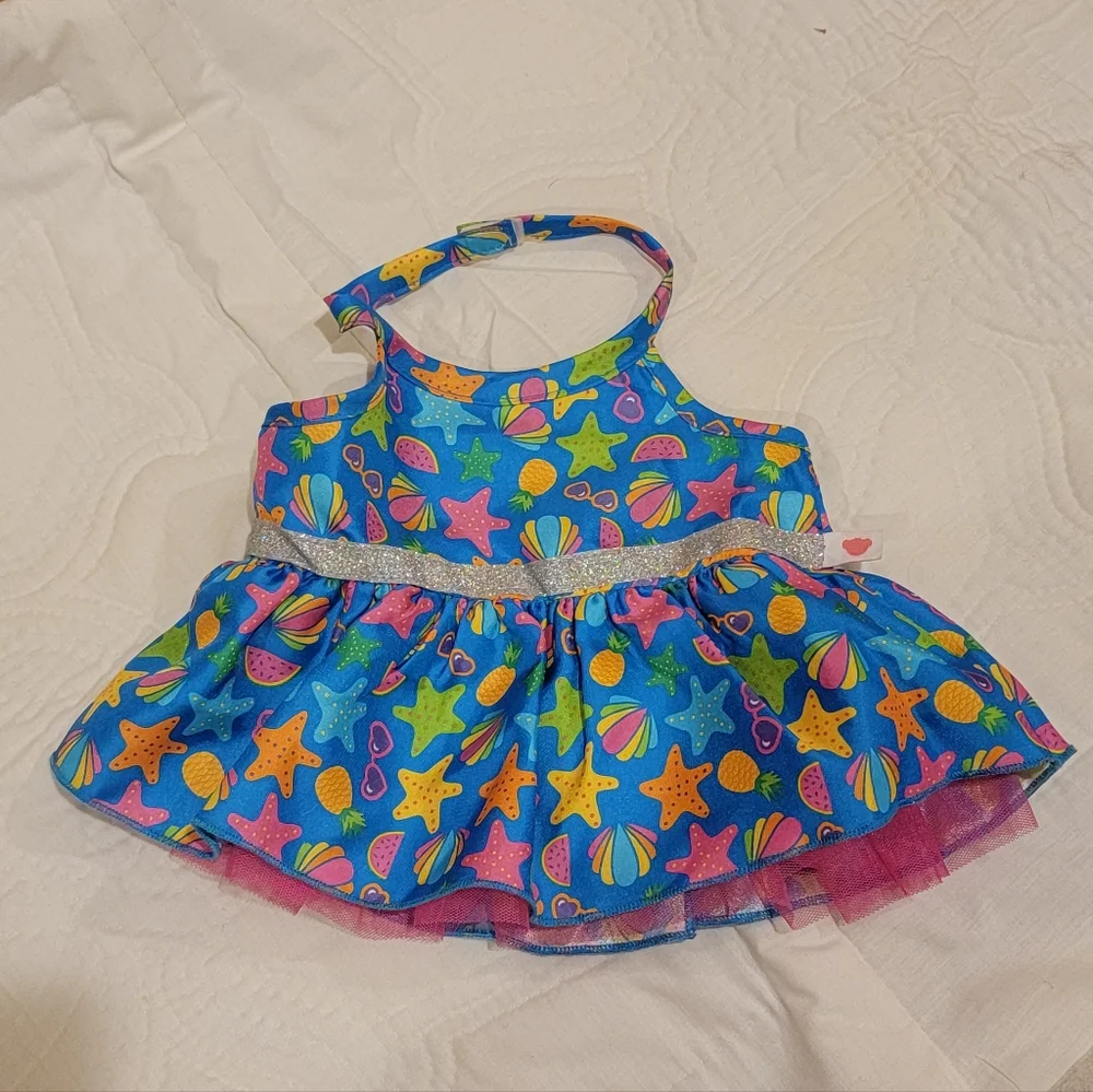 2021 Build A Bear Blue Tropical Summer Halter Dress with Tutu starfish shells